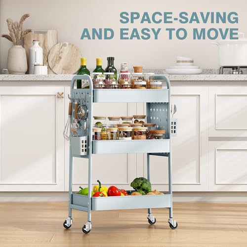 Image of KINGRACK 3 Tier Rolling Cart with DIY Hanging Board, Metal Rolling Utility Cart with Wheels Handles Baskets Hooks, Rolling Storage Cart Suitable for Bathroom, Kitchen, Office, Nursery Diaper (Green)