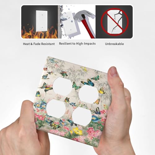 Decorative Outlet Covers Boho Wildflowers Butterfly Rustic Blue Pink Flowers 2 Gang Wall Plate Cover Double Duplex Receptacle Two Switch Light Switch Cover Plate Jumbo Dual Faceplate