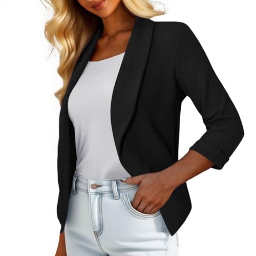 Cropped Women Blazer 3/4 Sleeve Lightweight Open Front Cardigan Classic Business Work Office Casual Suit Jackets