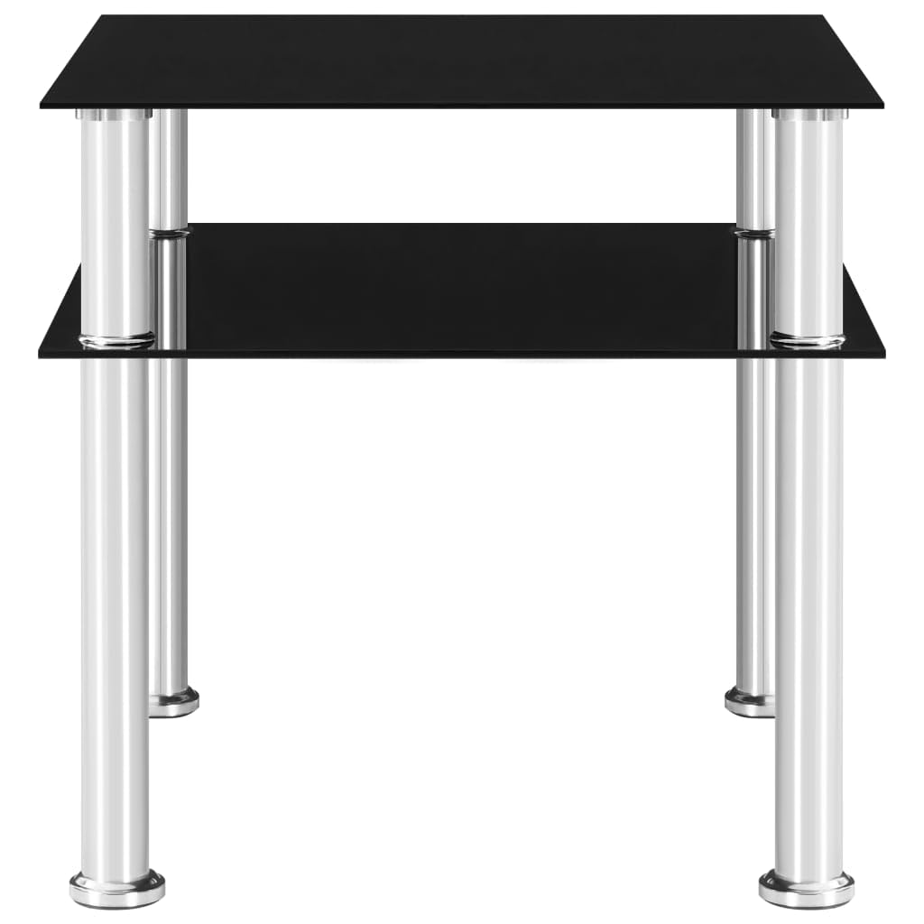 Beistelltisch Schwarz mit Hartglasplatte und Edelstahlbeinen 45x50x45 cm, Ablagetisch für Wohnzimmer Schlafzimmer Balkon, Stabiler Couchtisch mit Ablagefach für Bücher Lampe Getränke