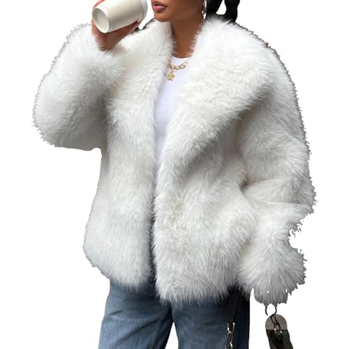 ASANDY Womens Faux Fur Coat Winter Shaggy Long Sleeve Open Front Casual Oversized Lapel Jackets Warm Fuzzy Outerwear (A26-TKZ58751-White-S