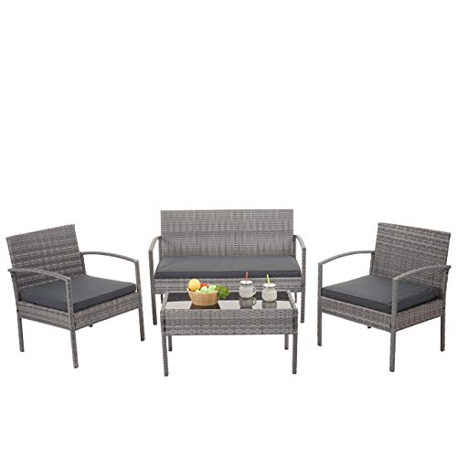 Mendler Poly-Rattan Garnitur HWC-F56, Balkon-/Garten-/Lounge-Set Sitzgruppe - grau, Kissen dunkelgrau – Bild 3