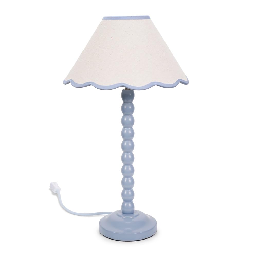 Valuelights Pale Blue Bobbins Powder Blue Table Lamp With Tapered Natural Linen Scallop Shade & Bulb In