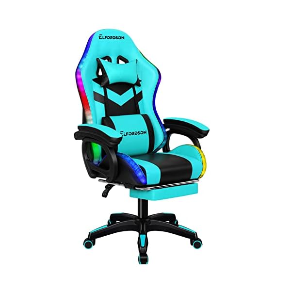 ELFORDSON LED Gaming Chair with 8-Point Massage, Swivel Office Chairs with Head Pillow Lumbar Support, Ergonomic Desk Chair with Armrests Footrest for Heavy Duty, PU Leather, Cyan - Image 10