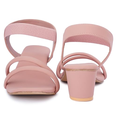 Image of SKOLL Women's Low Block Heel Strappy Sandals, Comfort Elastic Ankle Strap Open Toe Heeled Sandals, Casual Dressy Walking Sandals with Dual Front Straps