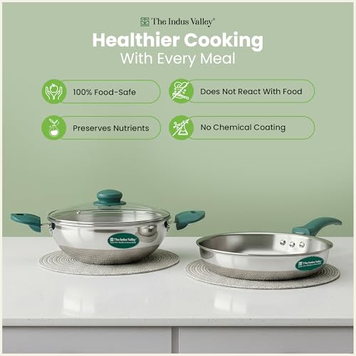 Image of The Indus Valley Triply Stainless Steel Cookware Set of 3 | Kadai 22cm with Glass Lid & Fry Pan 22cm | 100% Toxin-Free | Faster Cooking | Induction Compatible