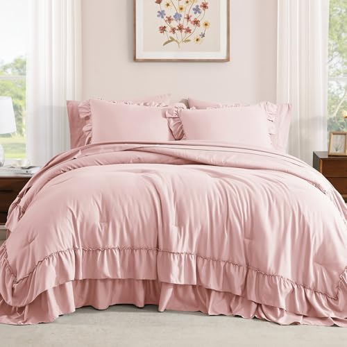 Image of King Size Comforter Set Soft Pink Ruffle 7 Pieces Farmhouse Bed in a Bag | Shabby Chic Fluffy All Season Bedding Sets with Sheets, Pillowcases & Shams