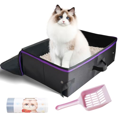 Image of 20x14x6.5 Inches, Large Portable Cat Travel Litter Box with Zipped Lid & 10 Liners, Leak-Proof, Lightweight, Sturdy & Waterproof and Foldable Travel Cat Litter Box for Hotels, Car, & Camping
