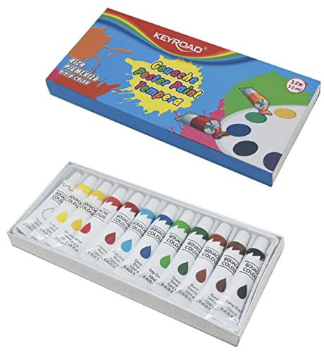 KEYROAD Temperafarben Plakatfarbe / 12 Tuben je 12 ml/Farben: rot, gelb, blau, grün, weiß, schwarz/Malfarben Bastelfarben für Kinder