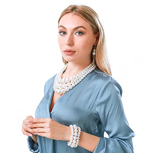 utop Large Multi Strand Chunky Pearls Necklace and Earring Set - Costume Jewelry for Women3