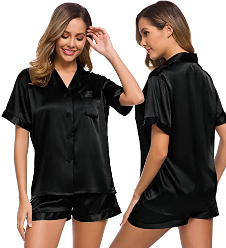 Image of SWOMOG Womens Silk Satin Pajamas Set Short Sleeve Sleepwear Button Down Top and Shorts Loungewear 2 Piece Pjs Set XS-3XL