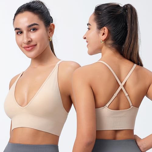 Image of Evercute Women's Sports Bras 3 /4 Pack Adjustable Deep V Neck Bras Wireless Spaghetti Strap Criss Cross Padded Low Support Bra
