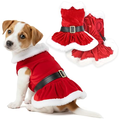 Parisian Pet Dog Christmas Dress – Pet Xmas Dog Dress – Mrs. Santa Claus Costume – Red Velvet Skirt Small Dogs Dress – Winter Fall Clothes - Holiday Christmas Outfit for Small Dogs Girl - XS