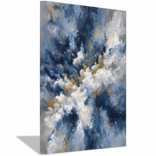 Toile abstrait brume bleu-or 70x100cm tableau encadre d'une elegance rare