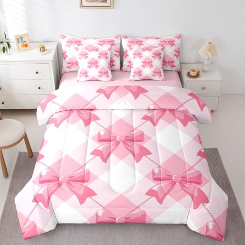 Image of Pink Bow Bed in a Bag King Size Comforter Set 7-Piece | Kawaii Ribbon Bowknot Bedding Sets Princess Bow Tie Comforter and Sheet Set, Dreamy Pink Plaid Bowknot Room Decor,Cute Room Decor Aesthetic