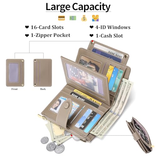 GAEKEAO Wallet for Women Leather RFID Blocking Credit Card Holder Bifold Clutch Wallets for Women Zipper Coin with Removable ID Window2