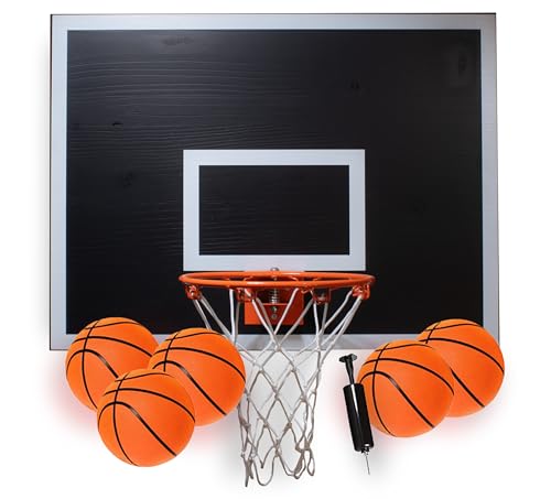 Image of CALIKIWIPROS Mini Basketball Hoop Set Pro League Decorative Solid Wood Wall Mount, Includes 9' Hoop & 5 mini Basketballs, Classic Look with Colors Matching Some pro Teams.