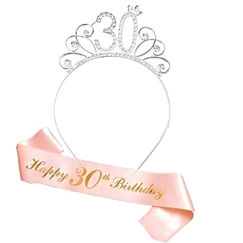 KOQAIIZ 30 Años Corona Banda Cumpleaños Mujer Oro Rosa Tiara Corona y Faja 30 Años Mujer Cumpleaños Fiesta de Decoración Accesorios Regalo