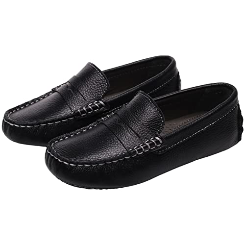 rismart Crianças Couro Casual Mocassins por Menino Menina Slip on Plano Preto,34 EU-2.5