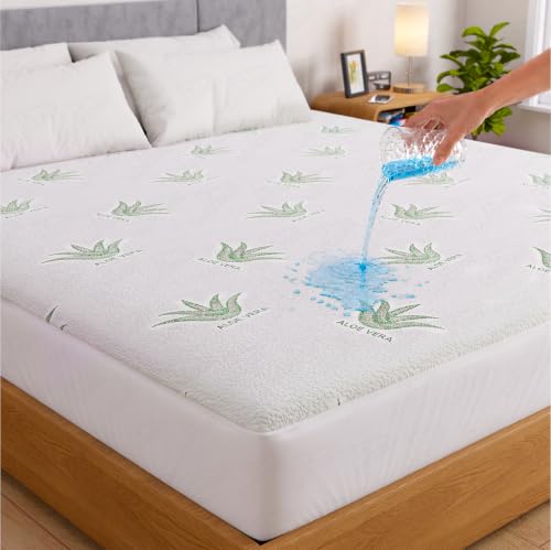 Image of Lukzer 100% Waterproof Natural Aloe Vera Mattress Protector King Size 78 inch x 72 inch inch | 360 Elasticated fit, Breathable, Hypoallergenic, Noiseless, Ultra-Soft Fitted Deep Pocket Bed Protector Cover