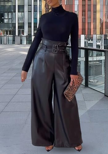 Tcremisa Leather Pants for Women High Waisted Faux Leather Straight Wide Leg Pant PU Trousers with Belt4