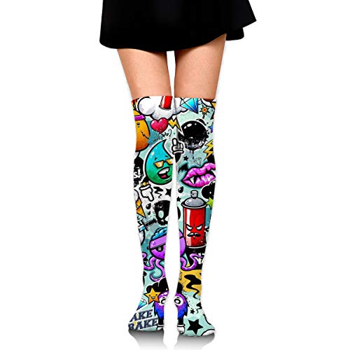 Women Teen Girls (Cartoon Graffiti) Over the Knee Socks Warm Long Tube Stocking Thigh High Boot Socks Leg Warmer for Daily Wear, Sports, Party, Cosplay