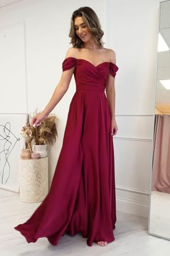 PEIYJYUSP Off Shoulder Satin Bridesmaid Dresses for Women Corset Prom Dress Long Ruched A Line Formal Gown with Slit2