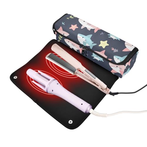Bolso de viaje para herramientas de cabello Hot Hair Tools con tapete resistente al calor extraíble, bolso protector para planchas, rizadores y estilizadores, diseño de peces y estrellas en azul profundo miniatura 2