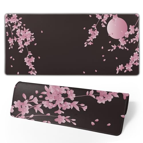 Sakura Cherry Blossom Extended Gaming Mouse Pad Non-Slip Rubber Base Pink Large Mousepad 35.4×15.7in with Stitched Edge Waterproof Flower Keyboard Pads Black Desk Laptop Mats for Work/Game/Office - Image 3