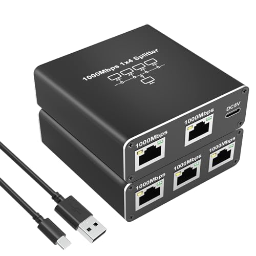 Tendak Ethernet Splitter 1 to 4 High Speed 1000Mbps, Gigabit Ethernet Splitter RJ45 Splitter with USB Power Cable, LAN Splitter for Cat5/5e/6/7/8 Cable[Supports 4 Devices Working Simultaneously]
