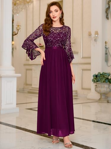 Image of Miusol Women's Formal Sparkle Sequin Lace Bell Sleeve Evening Party Maxi Dress