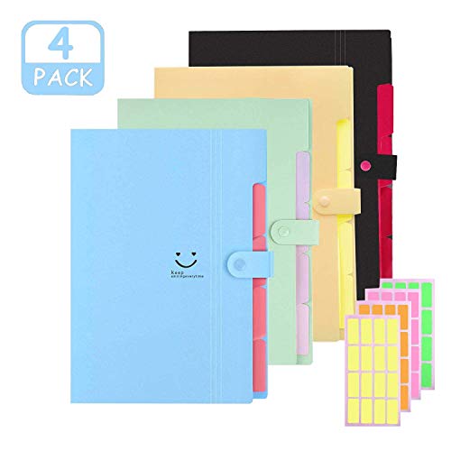 MOLPE 4 PCS Carpetas de Plástico Expandibles,Carpeta de Archivos de Expansión,5 Bolsillos,Tamaño A4,para la Escuela y la Oficina