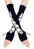 Bienvenu Knitted Long Fingerless Skeleton Gloves, Unisex Halloween Punk Arm Warmer Sleeve, Red