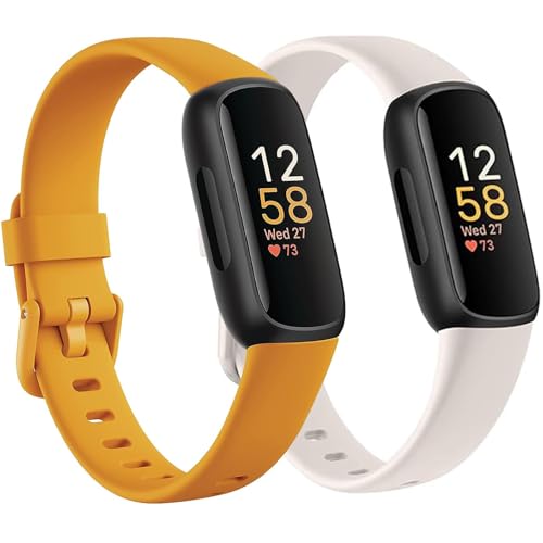 2 Pack Waterproof Bands Compatible with Fitbit inspire 3 Bands for Women Men, Classic Soft Sports Replacement Wristbands for Women Men (Beige/Yellow, Small 5.5'-7.1')