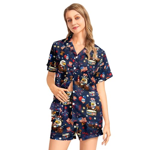 Image of Funny Pajamas for Women Set Print Satin Loungewear Pjs Short Sleeve Button Down Top and Shorts Sets Sleepwear XS-3XL