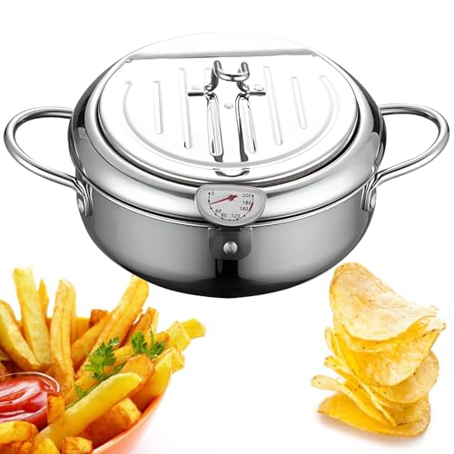 Freidora Japonesa con Control de Temperatura, Tapa, Filtro de Aceite y Termómetro. Acero Inoxidable 304. Diámetro de la Boca: 28 Cm (11 Pulgadas). Diseño Desmontable. Ideal para Uso Doméstico