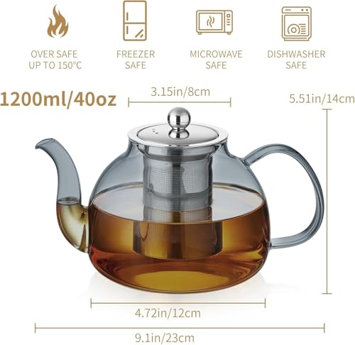 DOPUDO 40OZ (1200ML) Glass Teapot with Infuser Stovetop Safe, Clear Glass Tea Pot Kettle, Borosilicate Tea Pot with Infusers Filter for Loose Tea, Tea Kettle Dishwasher Safe (Black) - Image 3