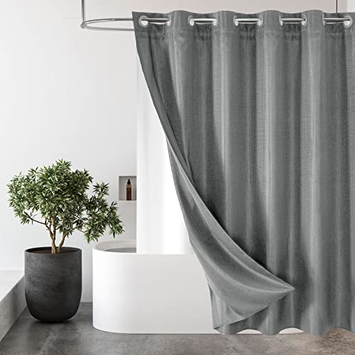 MitoVilla No Hook Weave Fabric Shower Curtain with Snap-in Liner Grey,72x80