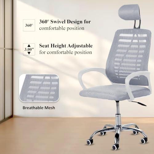 Image of Casa Copenhagen,Mesh Office Desk Chair,Rocking Ergonomic Computer Chair Adjustable High with Headrest and Comfortable Armrest Swivel- Jet Grey & White Handle