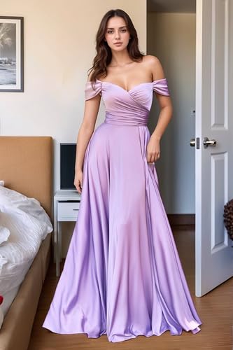 Fair Lady Bridesmaid Dresses for Women Long Satin Ruffle Off The Shoulder Formal Evening Party Gowns with Slit4