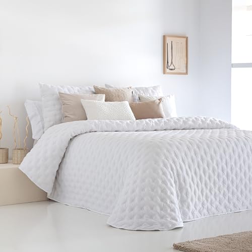 Fundeco - Edredón Conforter Invierno - Colcha de Invierno Modelo Anisa - Color Blanco - Cama 150 - Incluye 2 Fundas Cojín 50 x 70 cm - Fabricado en España