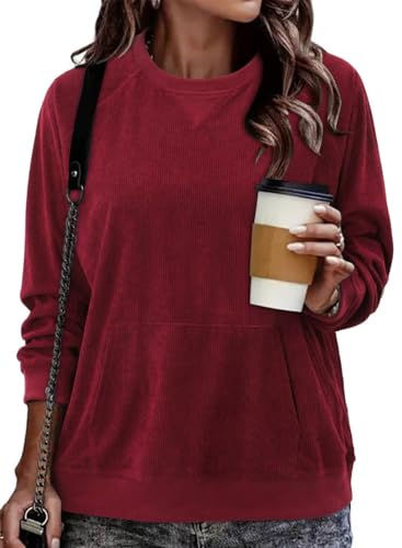 KISSMODA Women's Casual Long Sleeve Sweatshirt Color Block/Solid Crewneck Corduroy Pullover Cute Tops