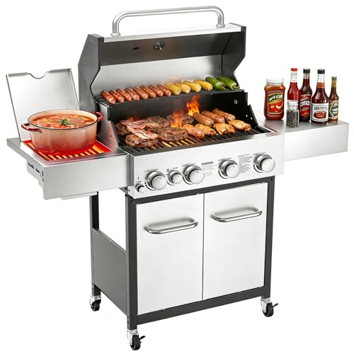 Image of Veralune 4 Burner Gas Grill with Side Burner, 4 Burner Outdoor Cooking Grill with Infrared Side Burner, Outdoor BBQ Grill with Oil Tray, Built-in Thermometer, Enameled Cast Iron Grates, 55,000 BTU