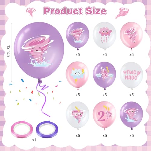 Image of Blosssound 45 Pcs Two Nado Birthday Party Decorations for Girls Two Nado Balloons Tornado Theme Balloon with Pink and Purple Ribbons Tornado 2nd Birthday Party Decor for Girl Kid Baby Shower Supplies