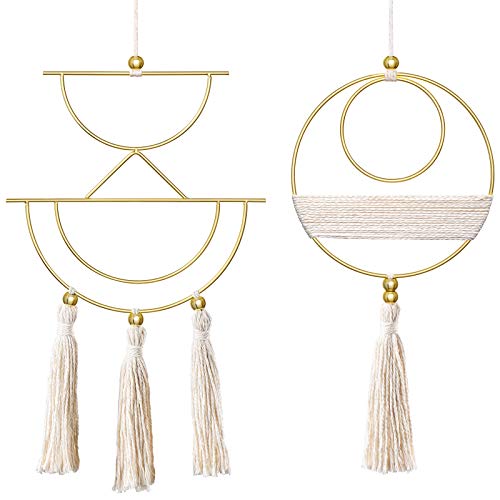 Mkono 2 Pcs Small Macrame Wall Hanging Boho Home Decor Cute Fringed Wall Art Handmade Decor with Gold Metal Ring for Living Room Bedroom Dorm, 15