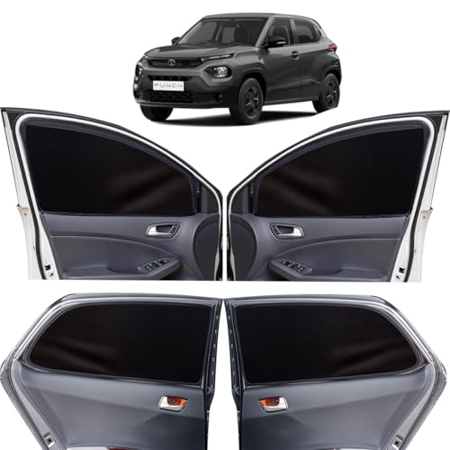 Image of OTO2EYE Car Sun Shade Compatible for Tata Punch Model 2021 to 2025, Z-Black Super Magnetic Grip, Front Window Zipper, Side Window Curtains, 4 Pieces Set