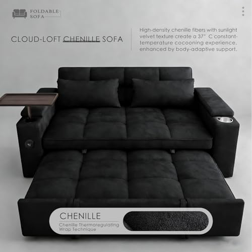 Image of Dreamzie 65'' 3 in 1 Convertible Sleeper Sofa Bed, Chenille Pull Out Couch for Living Room with 90 Swivel Side Table, Loveseat Sleeper with Charging Port | Side Pocket | Cup Holders, Black