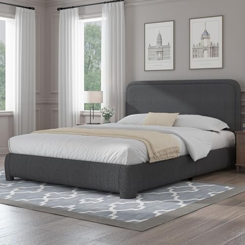 Image of BarnFurin Queen Bed Frame, Cloud Boucle Headboard, Rounded Corners, Grey