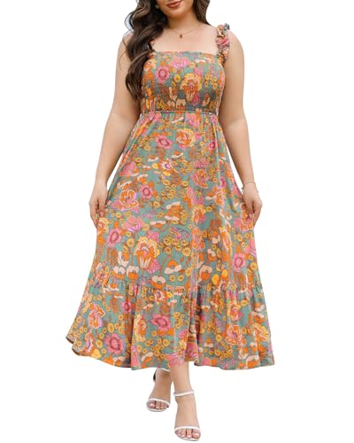 Image of Plus Size Summer Dress - Sun Boho Beach Casual Floral Spaghetti Strap Sleeveless Long Maxi Dresses