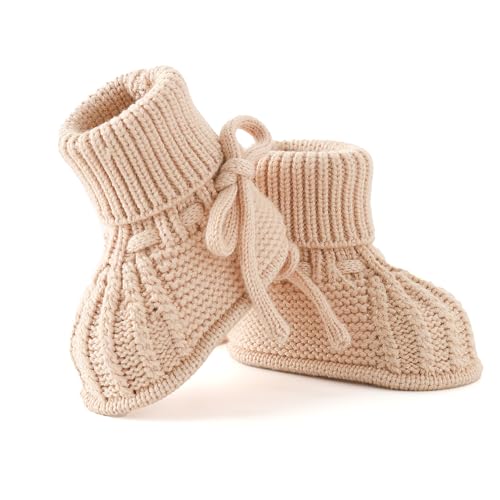 Loyfoky Baby Shoes Newborn Booties Soft First Walking Sock Shoes Knit Cozy Boots for Infant Toddler Boy Girl Khaki 0-3 Months
